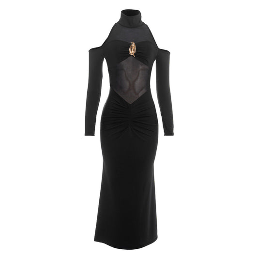 Long sleeve high neck hollow out mesh maxi dress  | Festival Outfits Women