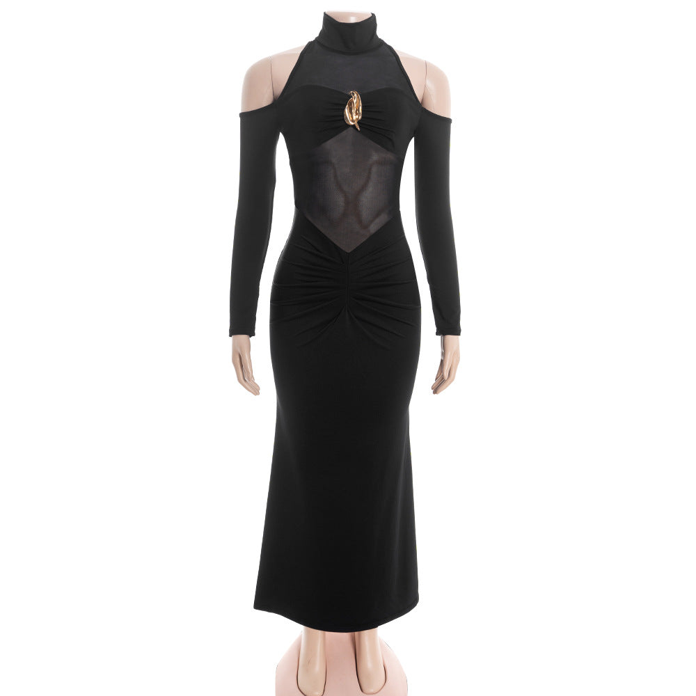 Long sleeve high neck hollow out mesh maxi dress  | Festival Outfits Women