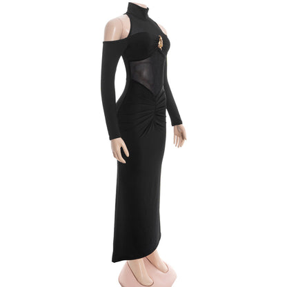 Long sleeve high neck hollow out mesh maxi dress  | Festival Outfits Women