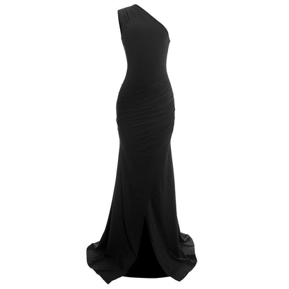 One shoulder ruched slit solid irregular maxi dress  | Festival Outfits Women