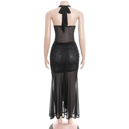Halter self tie mesh ruched v neck maxi dress  | Festival Outfits Women