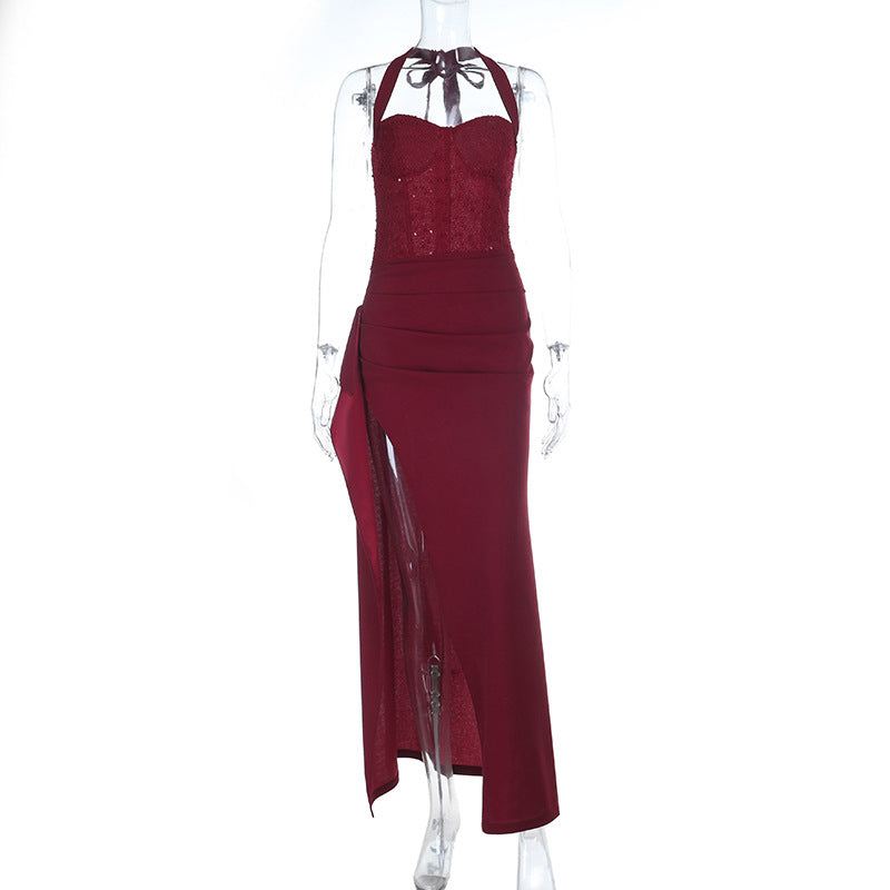 Irregular pleated slit halter self tie maxi dress  | Festival Outfits Women