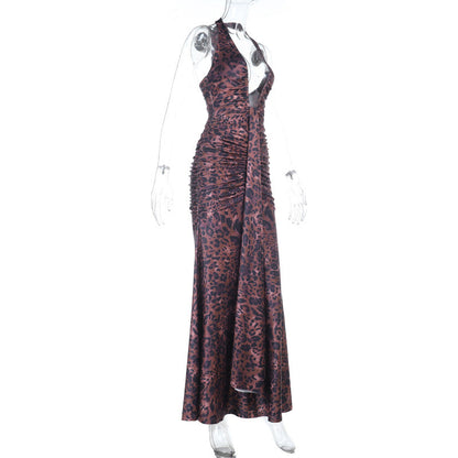 Leopard print ruched halter self tie v neck maxi dress  | Festival Outfits Women