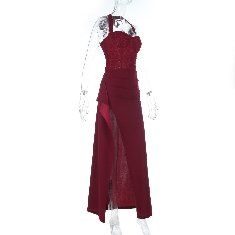 Irregular pleated slit halter self tie maxi dress  | Festival Outfits Women