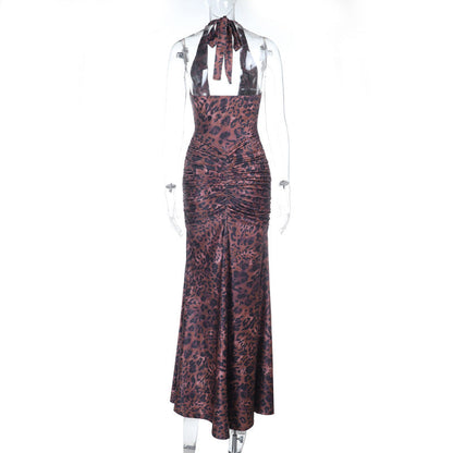 Leopard print ruched halter self tie v neck maxi dress  | Festival Outfits Women