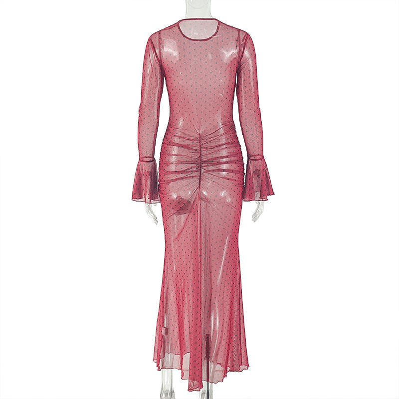 Polka dot long flared sleeve ruched sheer mesh maxi dress  | Festival Outfits Women