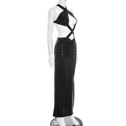 Hollow out ruched cross back backless maxi dress  | Festival Outfits Women