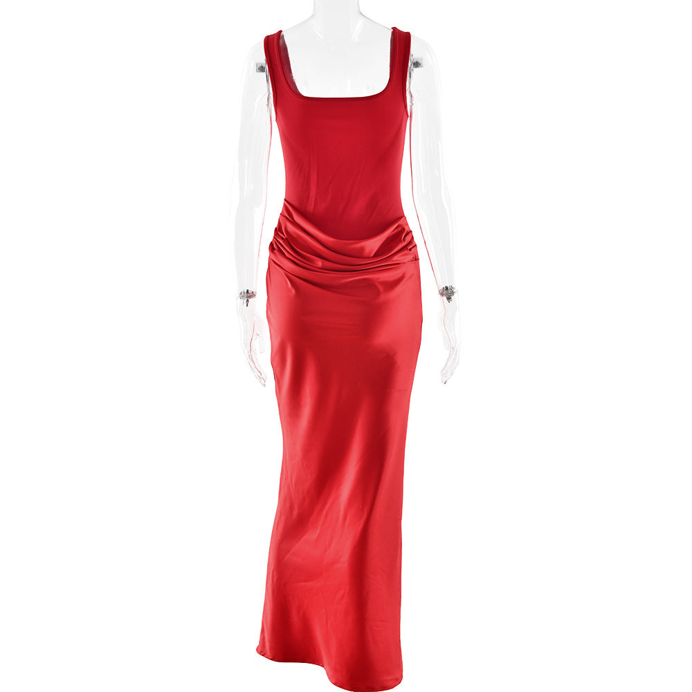 Ruched square neck backless satin cami maxi dress  | Festival Outfits Women
