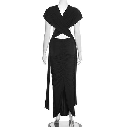Ruched hollow out slit solid maxi dress  | Festival Outfits Women