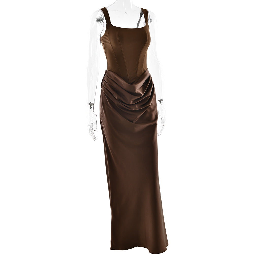 Ruched u neck backless solid cami maxi dress  | Festival Outfits Women