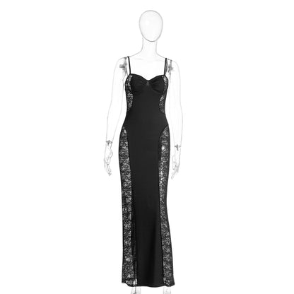 Lace slit v neck zip-up cami maxi dress  | Festival Outfits Women