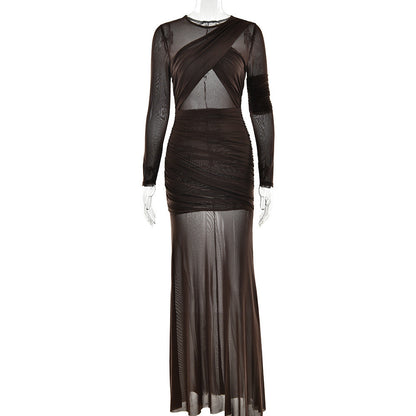 Crewneck long sleeve mesh ruched maxi dress  | Festival Outfits Women
