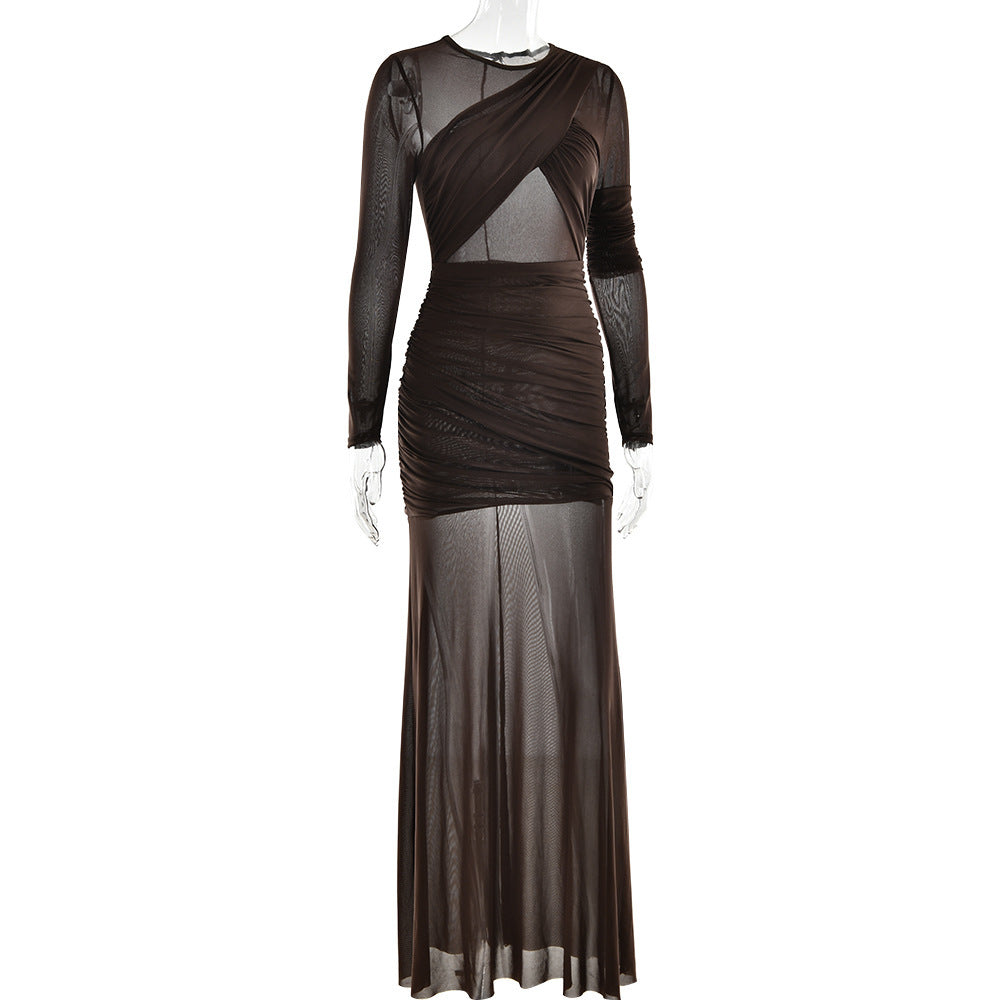 Crewneck long sleeve mesh ruched maxi dress  | Festival Outfits Women