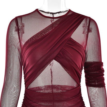 Crewneck long sleeve mesh ruched maxi dress  | Festival Outfits Women