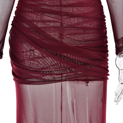 Crewneck long sleeve mesh ruched maxi dress  | Festival Outfits Women