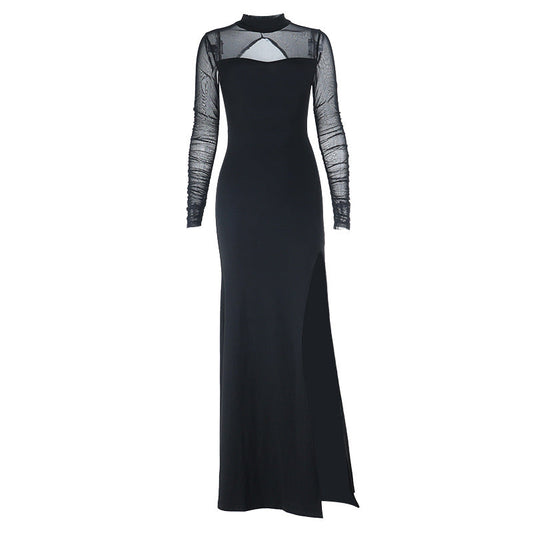 Long sleeve crewneck slit solid mesh maxi dress  | Festival Outfits Women