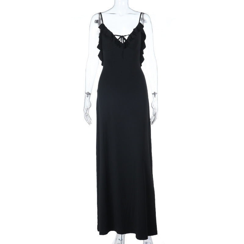 Ruffle v neck self tie backless cami maxi dress  | Festival Outfits Women