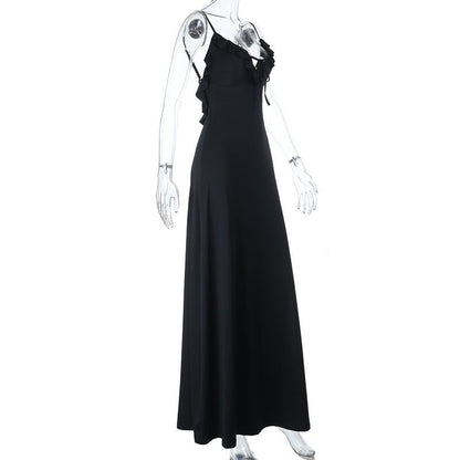 Ruffle v neck self tie backless cami maxi dress  | Festival Outfits Women