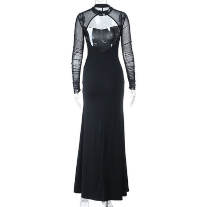 Long sleeve crewneck slit solid mesh maxi dress  | Festival Outfits Women