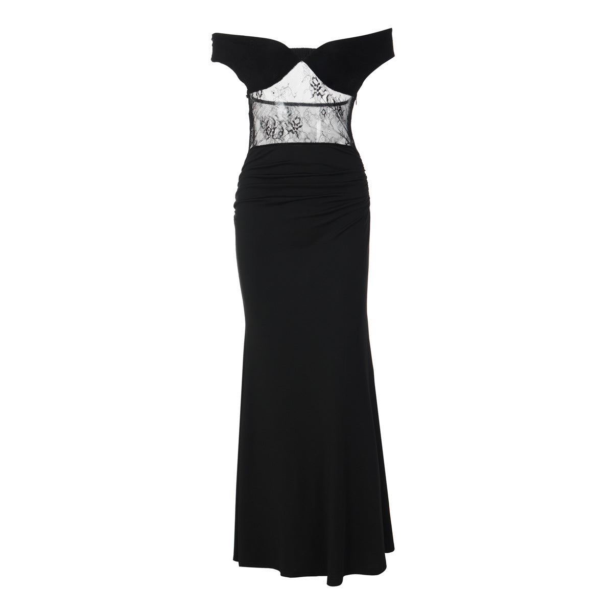 Off shoulder lace zip-up ruched solid maxi dress  | Festival Outfits Women