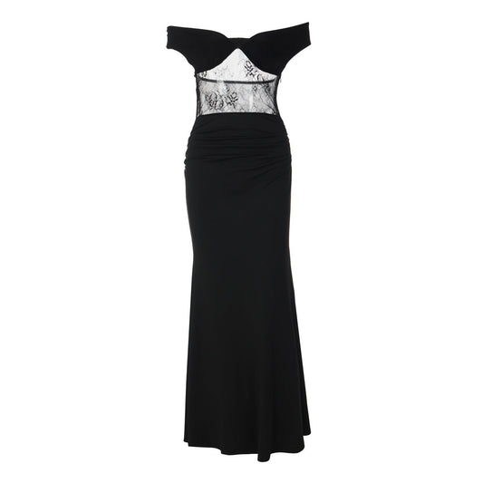 Off shoulder lace zip-up ruched solid maxi dress  | Festival Outfits Women