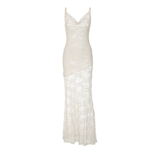 Cowl neck lace backless solid cami maxi dress  | Festival Outfits Women