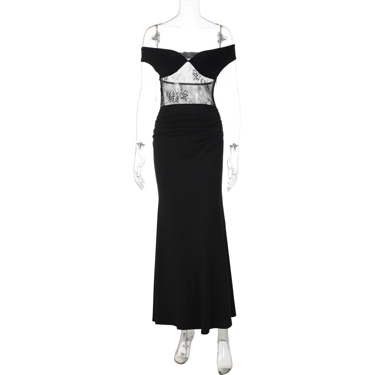 Off shoulder lace zip-up ruched solid maxi dress  | Festival Outfits Women