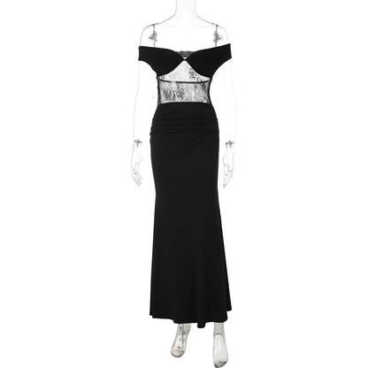 Off shoulder lace zip-up ruched solid maxi dress  | Festival Outfits Women