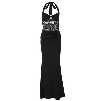 Lace patchwork halter self tie solid maxi dress  | Festival Outfits Women