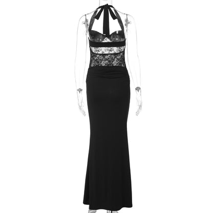 Lace patchwork halter self tie solid maxi dress  | Festival Outfits Women