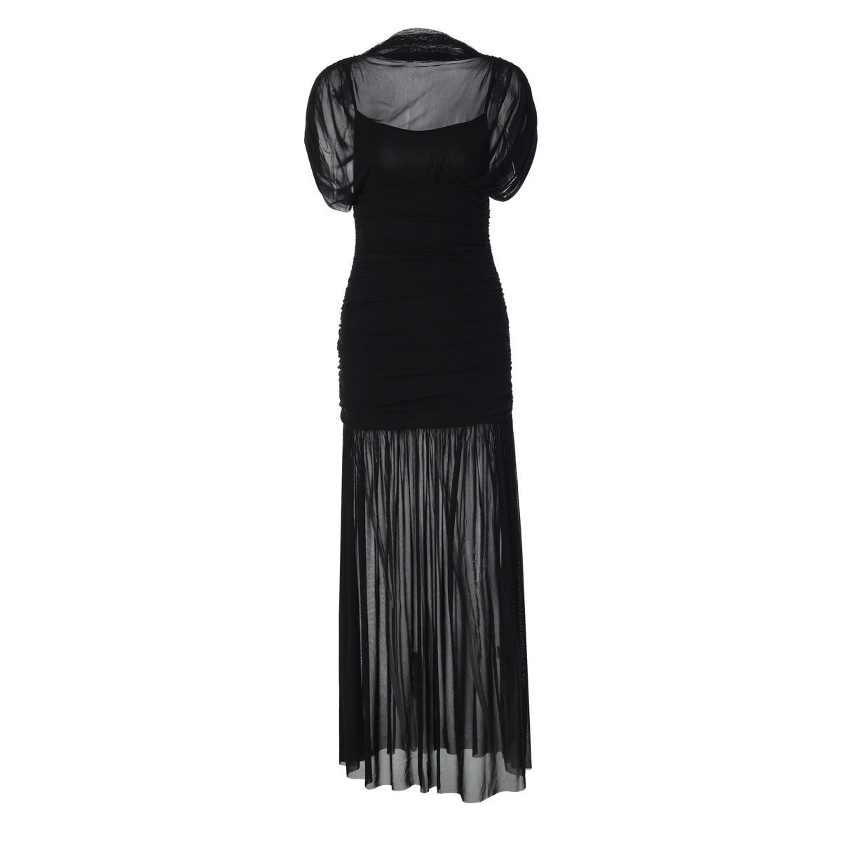 Mesh ruched short sleeve solid maxi dress  | Festival Outfits Women
