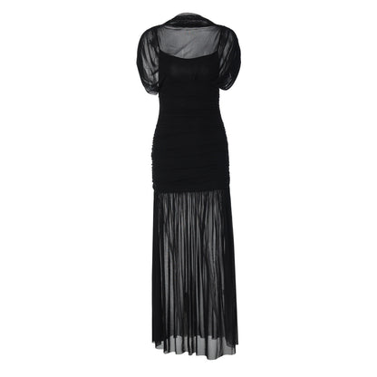Mesh ruched short sleeve solid maxi dress  | Festival Outfits Women