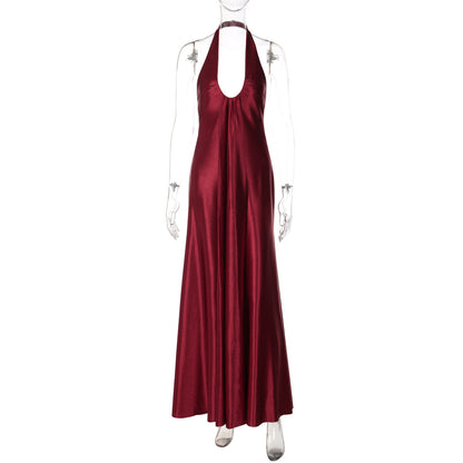 U neck satin halter zip-up backless maxi dress  | Festival Outfits Women