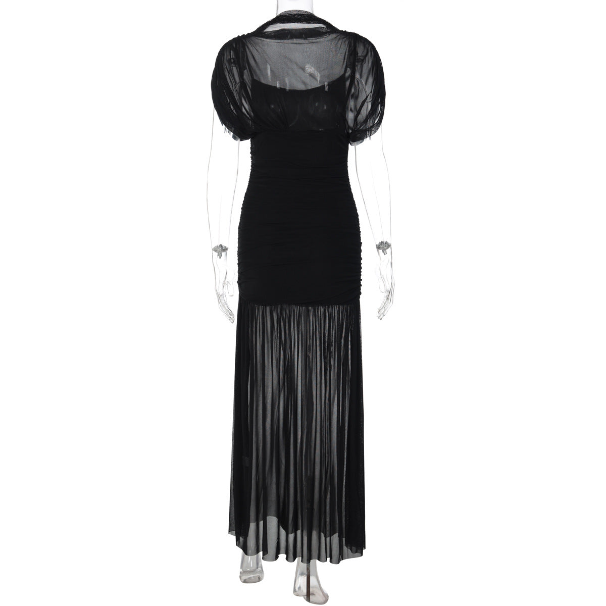 Mesh ruched short sleeve solid maxi dress  | Festival Outfits Women
