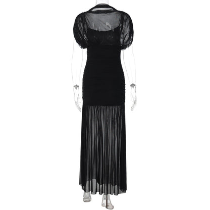 Mesh ruched short sleeve solid maxi dress  | Festival Outfits Women