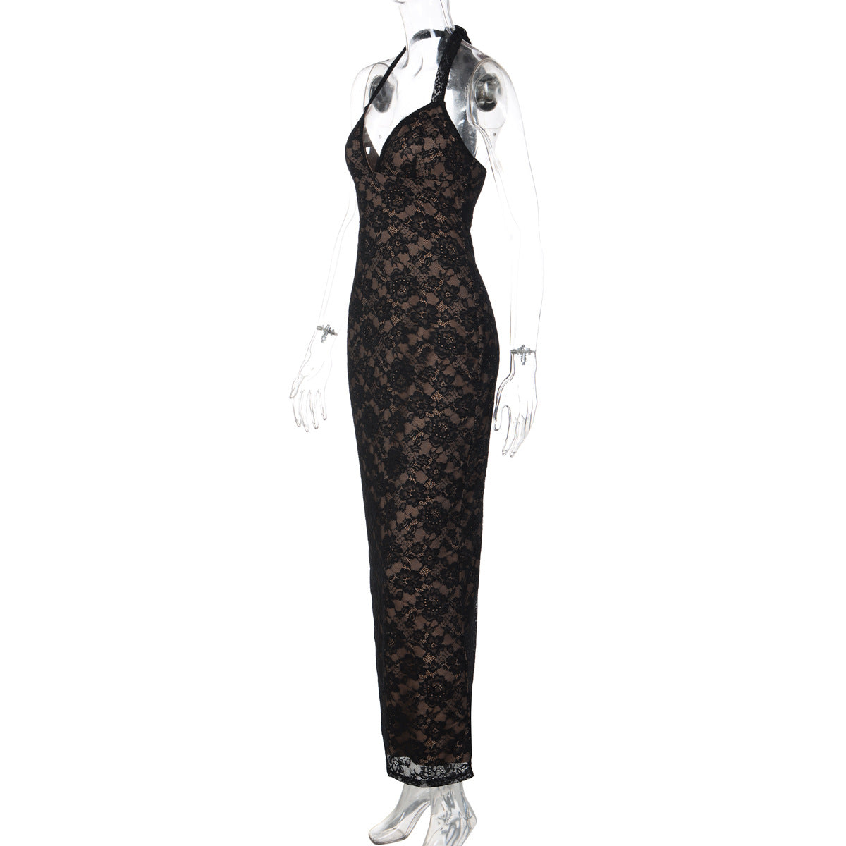 V neck self tie halter lace slit maxi dress  | Festival Outfits Women