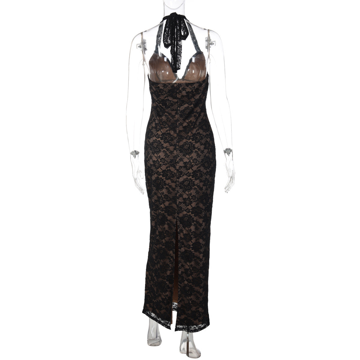 V neck self tie halter lace slit maxi dress  | Festival Outfits Women