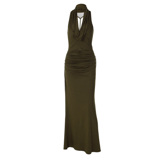 Ruched cowl neck backless solid maxi dress  | Festival Outfits Women