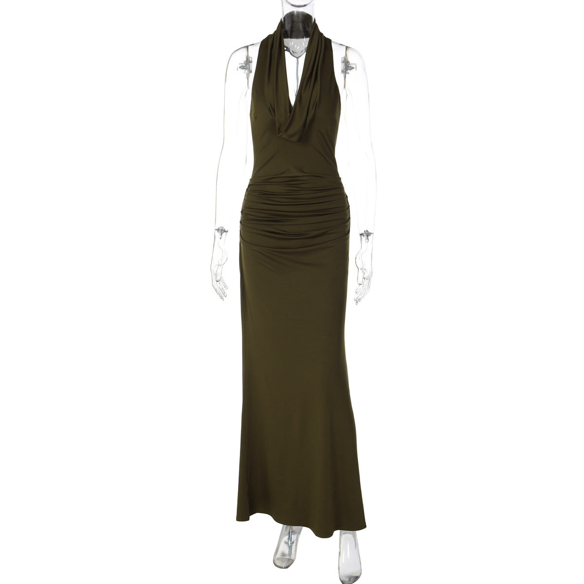 Ruched cowl neck backless solid maxi dress  | Festival Outfits Women