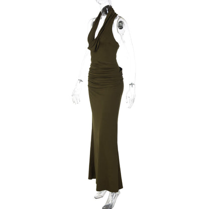 Ruched cowl neck backless solid maxi dress  | Festival Outfits Women
