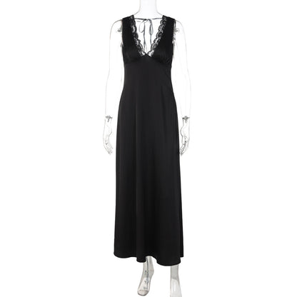 Lace hem v neck self tie backless maxi dress  | Festival Outfits Women