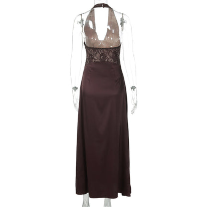 Halter v neck lace backless maxi dress  | Festival Outfits Women