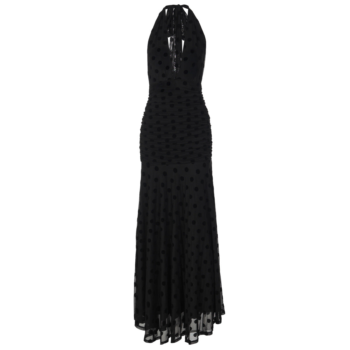 Polka dot deep v neck halter self tie ruched maxi dress  | Festival Outfits Women