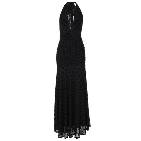Polka dot deep v neck halter self tie ruched maxi dress  | Festival Outfits Women