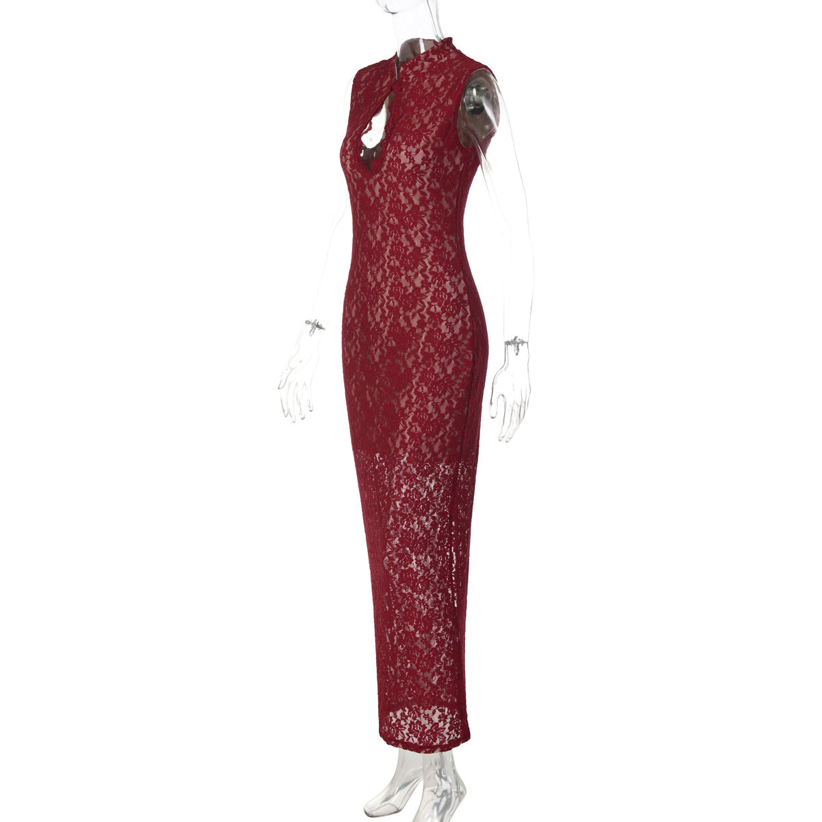 Lace hollow out slit sleeveless zip-up maxi dress  | Festival Outfits Women