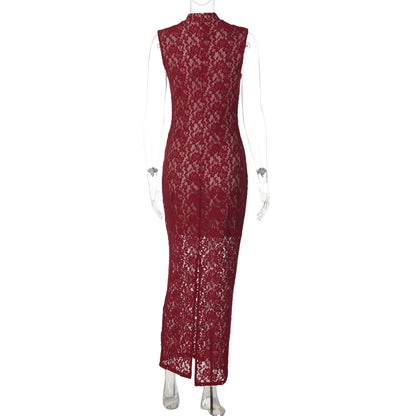 Lace hollow out slit sleeveless zip-up maxi dress  | Festival Outfits Women