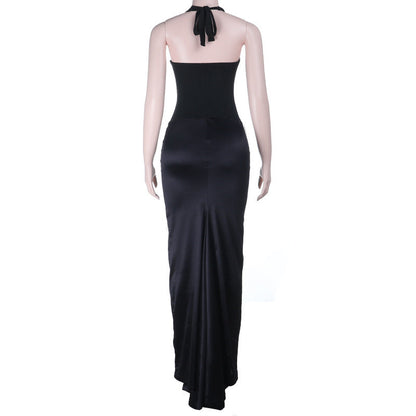 Ruched u neck self tie halter lace maxi dress  | Festival Outfits Women