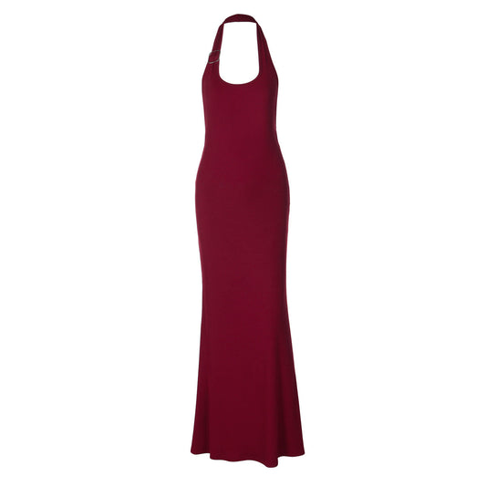 U neck halter ribbed backless solid maxi dress  | Festival Outfits Women