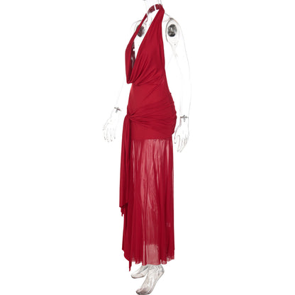 Cowl neck halter slit mesh irregular maxi dress  | Festival Outfits Women