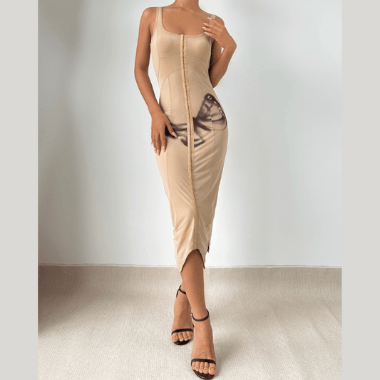 Square neck butterfly pattern tank midi dress  | Festival Outfits Women